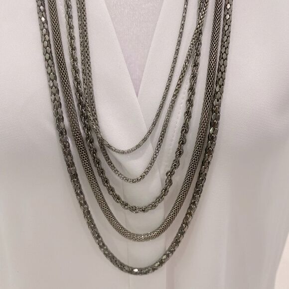 Multi Layered Silver Tone And Gun Metal 5 Layer Chain Necklace - Picture 3 of 11